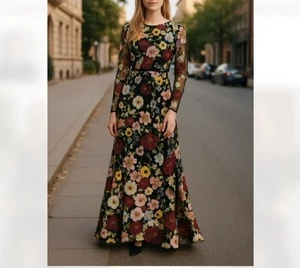 Nuevo sin etiquetas Vestido Trompeta Mac Duggal Negro Bordado Apliques Cuello Alto Manga Larga 8 - Imagen 1 de 9