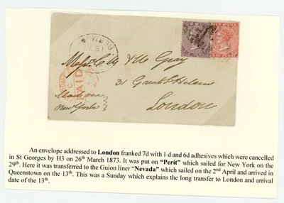 P97/23 БЕРМУДЫ 1873 6d + 1d чехол в Лондон - Изображение 1 из 2