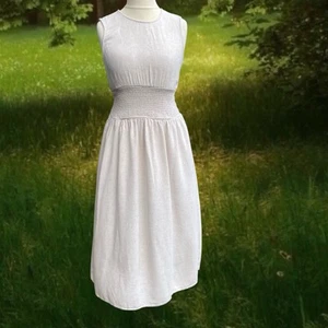 River Island Beige Oatmeal Sleeveless Smock Waist Midi Cottagecore Dress Size 12 - Picture 1 of 3