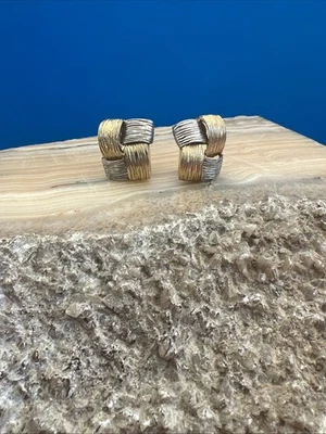 14K White And Yellow Gold Basket weave Earrings 11.4 Grams Pierced Clip On - Image 1 of 4
