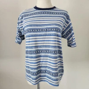BASIC EDITIONS 90s VTG Blue & Ivory Ethnic/S Western Short Sleeve Tee. BYS XL. - Picture 1 of 8