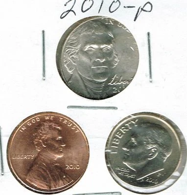 2010 Three Philadelphia Brilliant Uncirculated Business Strike 1C, 5C, 10C Coins - Image 1 of 2