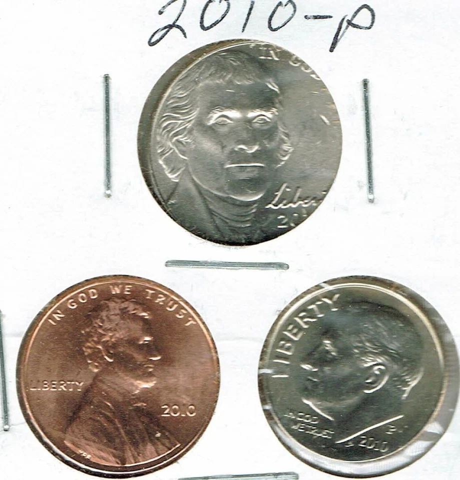 2010 Three Philadelphia Brilliant Uncirculated Business Strike 1C, 5C, 10C Coins - Image 1 of 2
