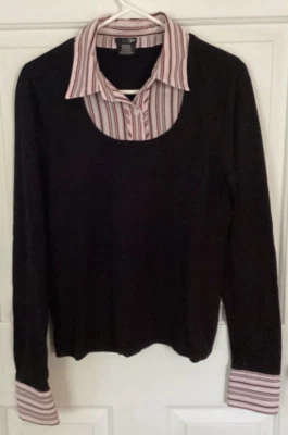 Camisa Suéter East 5th Negra Tejida En Capas Cuello A Rayas Talla Mediana Foto 1 de 4