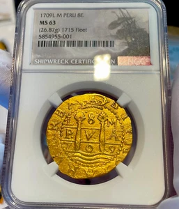 PERU 1709 FINEST KNOWN 8 ESCUDOS NGC 63 1715 FLEET SHIPWRECK PIRATE GOLD COINS - Picture 1 of 12