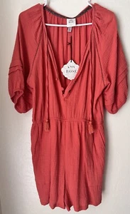 Knox Rose Short Sleeve Balloon Sleeve Tie Neck Gauze Romper Guava Jelly XL -NWT - Picture 1 of 6