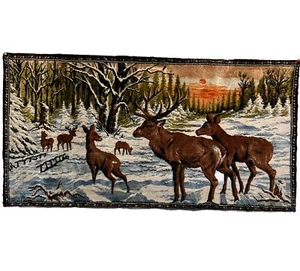 Vintage Wandteppich Teppich Stier Kuh Elch Hirsch Mann Höhle 39”x 20” Samt 70er Hütte - Bild 1 von 10