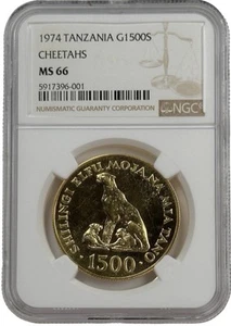 1974 Tanzania 1500 Shilingi Cheetahs Conservation Coin MS 66 NGC Mint State 66 - Picture 1 of 2