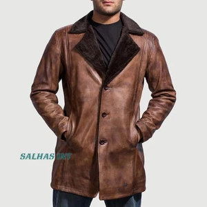 Mens Long Sheepskin Shearling Coat Genuine Brown Leather Long Fur Trench Coat - Picture 1 of 5