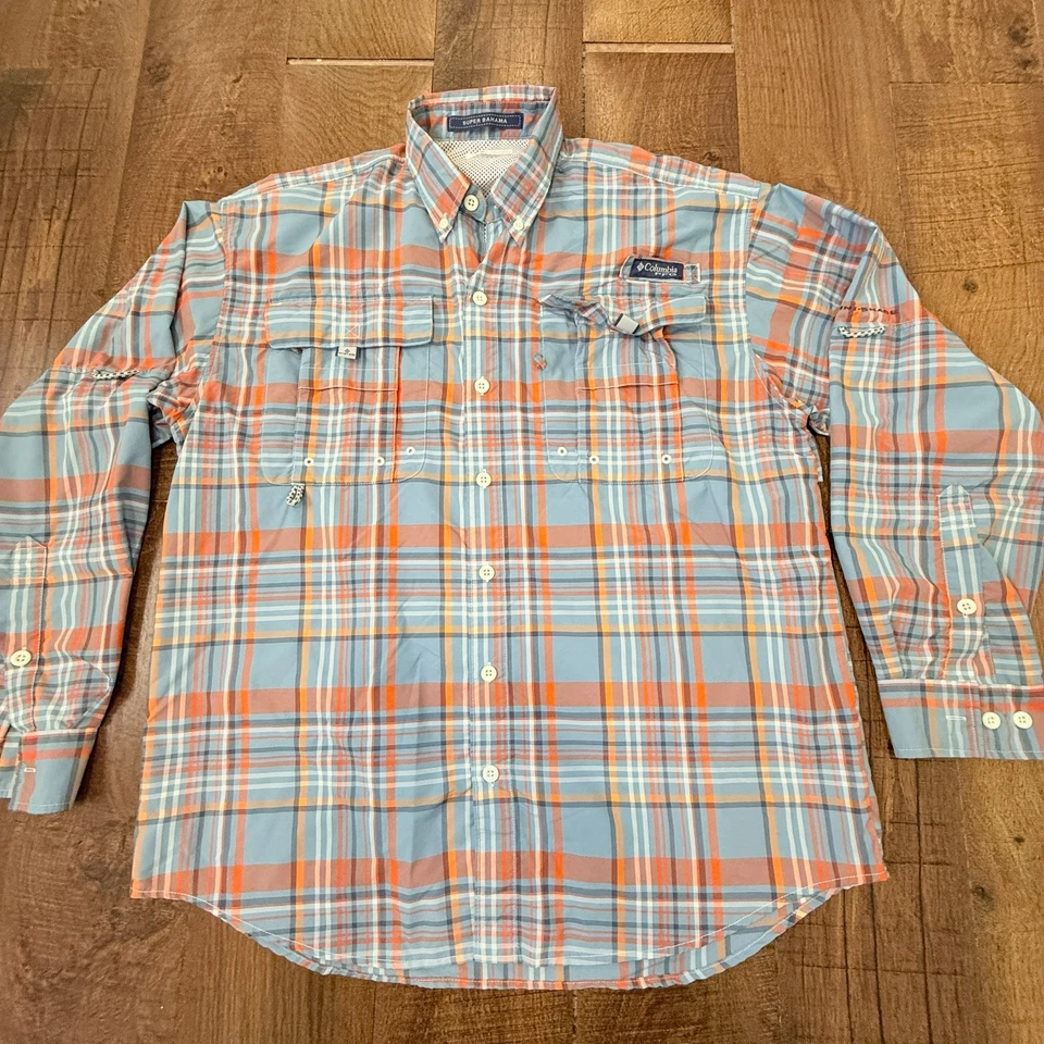 Camisa de pesca Columbia PFG masculina pequena ventilada manga longa xadrez com botão - Imagem 1 de 4
