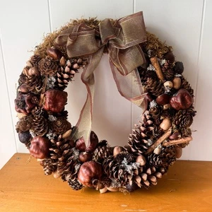 16” Front door pinecone cone wreath holiday fall thanksgiving Christmas deco - Picture 1 of 7