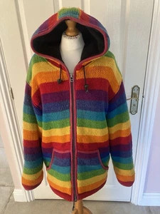 NEPALESE WOOL JACKET CARDIGAN HOODIE RAINBOW FESTIVAL UNISEX MEASUREMENTS ON PIC - Picture 1 of 11