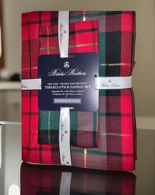 BROOKS BROTHERS TARTAN PLAID OBLONG TABLECLOTH 60x120 + 10 NAPKINS 18x18 SET NWT - Image 1 of 4