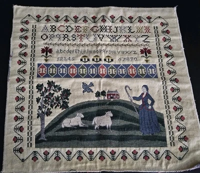 Vintage Alphabet Number Folk Art Sampler Tapestry Panel Shepherd Sheep House  - Image 1 of 4