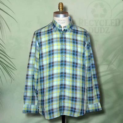 Robert Talbott Men's XL Trim Fit 100% Linen Green Blue Check Long Sleeve Shirt - Image 1 of 4