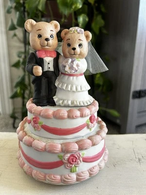 Caja de música de novia y novio de oso de peluche para pastel de boda. Funciona muy bien, necesita limpieza! Foto 1 de 3