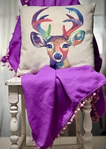 Boho Deer Pillow 17x17 And Vintage Flowers On Purple Throw Blanket Bundle - Picture 1 of 18