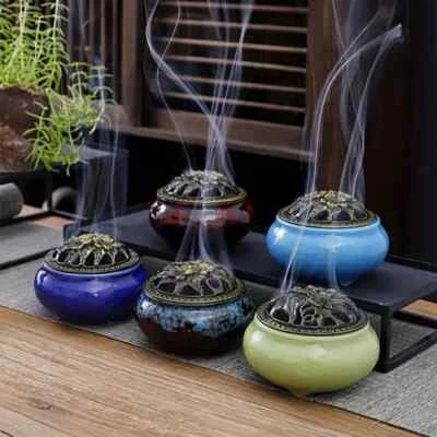 BRUCIA INCENSO IN CERAMICA CON COPERCHIO IN RAME PER CARBONCINI, CONI, SPIRALI - Immagine 1 di 4