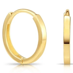14K Solid Yellow Gold Shiny Round Plain Huggie Hoop Earrings Small 10MM 13MM - Picture 1 of 11