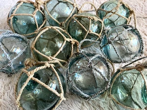 Set of 10 Japanese Antique Glass Fishing Floats w/ Nets, 3" Sea Green and Blue - Picture 1 of 8