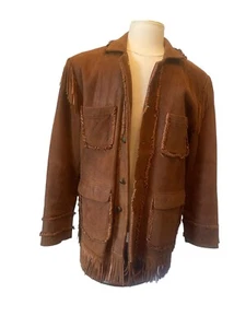SCULLY BROWN CRACKLE LEATHER FRINGE EAGLE BUTTONS BLAZER JACKET WESTERN XL 42 EU - Picture 1 of 12