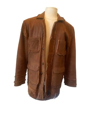 SCULLY BROWN CRACKLE LEATHER FRINGE EAGLE BUTTONS BLAZER JACKET WESTERN XL 42 EU - Image 1 of 4