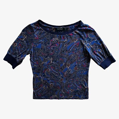 Vintage Y2K Women's Ralph Lauren Navy & Red Paisley Print Short Sleeve Top — 第 1/4 张图片
