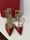Valentino Ankle Strap Red Leather Heels with Gold Studs Sz 35.5 NEW
