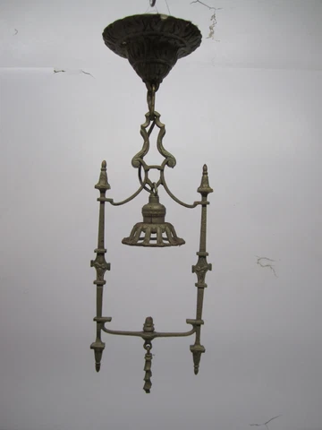 Antique Tudor Gothic Hanging Pendant Ceiling Light Fixture Cast Brass Metal AsIs Cover