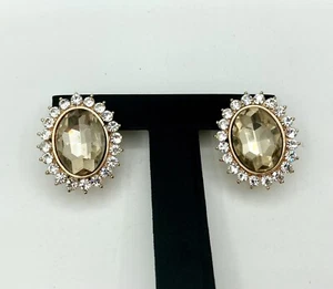 Vintage Gold Tone Earrings - Peridot Color Faux Gem & Clear Rhinestones Oval - Picture 1 of 5