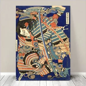 Traditional Japanese SAMURAI Warrior Art CANVAS PRINT 18x12"~ Hokusai Sword - Foto 1 di 1