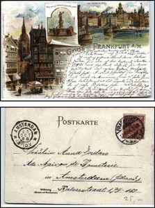 1898 Litho-AK Frankfurt ua. Eiserner Steg Brücke Markt Manskopf Brunnen gelaufen - Bild 1 von 1