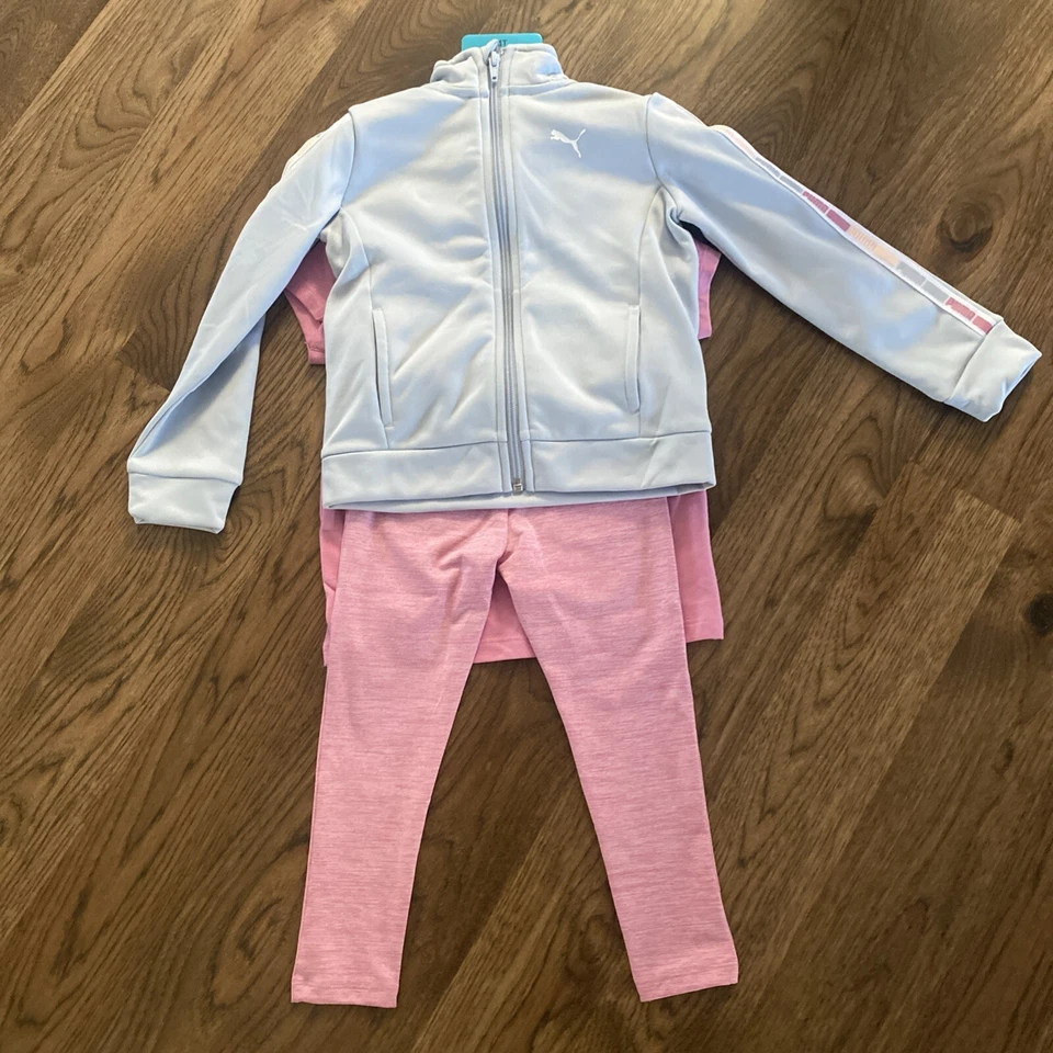 PUMA 3 PIECE SET ZIP UP JACKET WITH PINK T-SHIRT GRAY LEGGINGS SIZE 6
