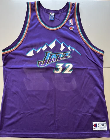 Vintage 90s Champion Utah Jazz Karl Malone #32 NBA Team Player Retro Jersey 52 Cover