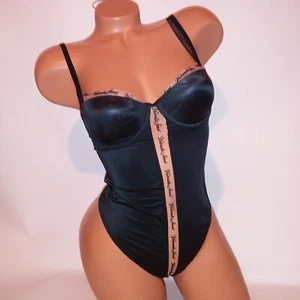 Victoria Secret Lingerie Teddy One Piece Bodysuit Black Logo Mesh Trim Tho - Picture 1 of 13