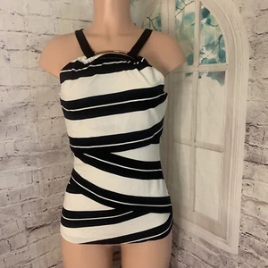 White House Black Market Women Tank Top SZ Small Striped Ruffles Metal Accents - Picture 1 of 12