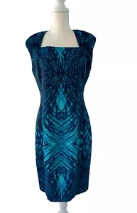 Abito T Tahari taglia 8 blu nero scollo quadrato lunghezza ginocchio cappuccio manica aderente - Foto 1 di 9