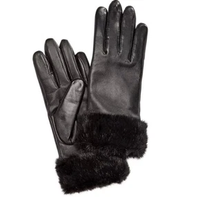 CHARTER CLUB fur cuff fleece lined touchscreen women's leather gloves -Black -S - Picture 1 of 3