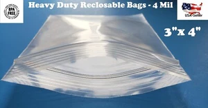3"x 4" Clear 4 Mil Plastic Zip Seal Bag Reclosable Top Lock 4Mil Zipper Baggie - Picture 1 of 2