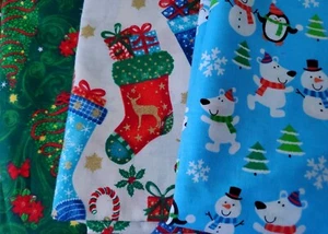 2. 1/4  yd Lot Christmas Cotton Fabric Santee Metallic and Plain Trees Stocking - Picture 1 of 2