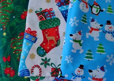 2. 1/4  yd Lot Christmas Cotton Fabric Santee Metallic and Plain Trees Stocking - Image 1 of 2
