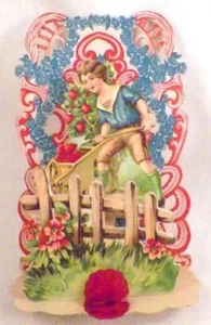 Valentine Card Boy Fence Loving Thoughts Germany Die Cut Fold Out Vintage #52 - Picture 1 of 6