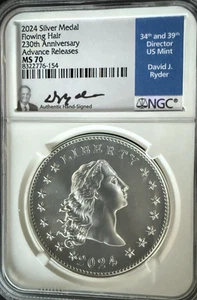 2024 (MS70) Flowing Hair Silver Medal 230th Anniversary NGC AR Ryder signed - Picture 1 of 2