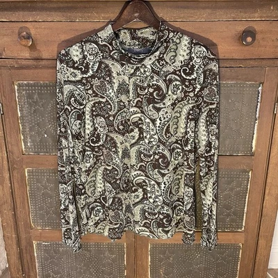 Top Liz Claiborne Mujer L Tejido Verde/Marrón Estampado Lechuga Dobladillo Forrado Cuello Simulado  Foto 1 de 4