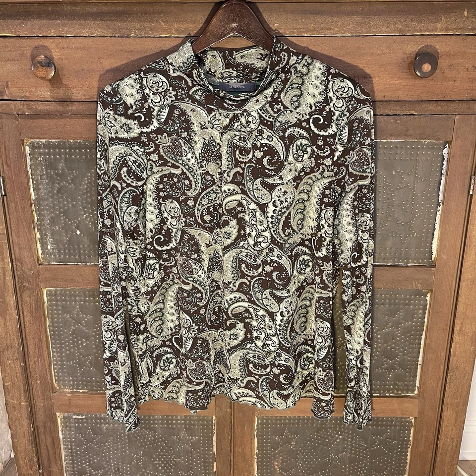 Top Liz Claiborne Mujer L Tejido Verde/Marrón Estampado Lechuga Dobladillo Forrado Cuello Simulado  Foto 1 de 4