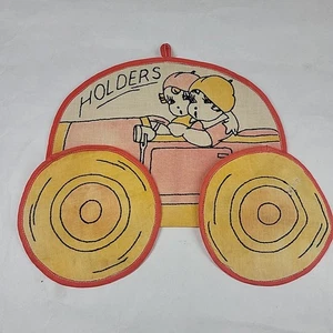 VTG Appliqué Hanging PotHolders Embroidered Girls In Car 1930s Style Roadster - Picture 1 of 7