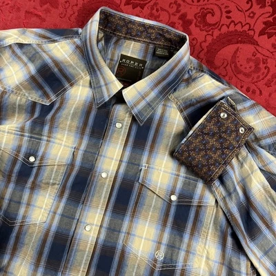 Roper Shirt Mens 2XL Blue Plaid Paisley Flip Cuff Cowboy Western Pearl Snap EUC - Image 1 of 4