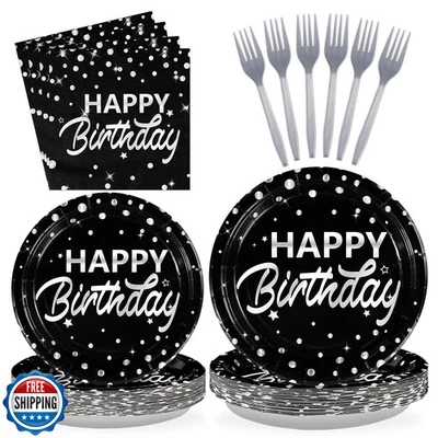 Grencian 96 Piezas Negro y Plata Feliz Cumpleaños Fiesta Suministros Decoraciones Sil Foto 1 de 4