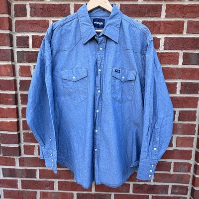 VTG Wrangler Denim Pearl Snap Shirt Mens XXL Blue Flap Pockets Western Cowboy - Image 1 of 4