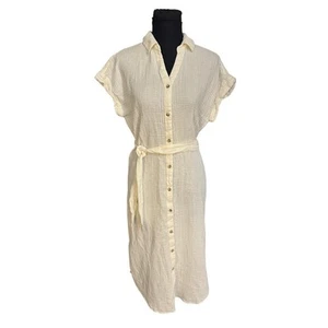 Wonderly Cream Gauzy Crinkly Button Front Belted Midi Cotton Shirt Dress Size M - Picture 1 of 7